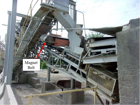 Accident Scene where a miner died after climbing over the handrail onto a conveyor belt to gain access to a magnet belt that needed adjustment.