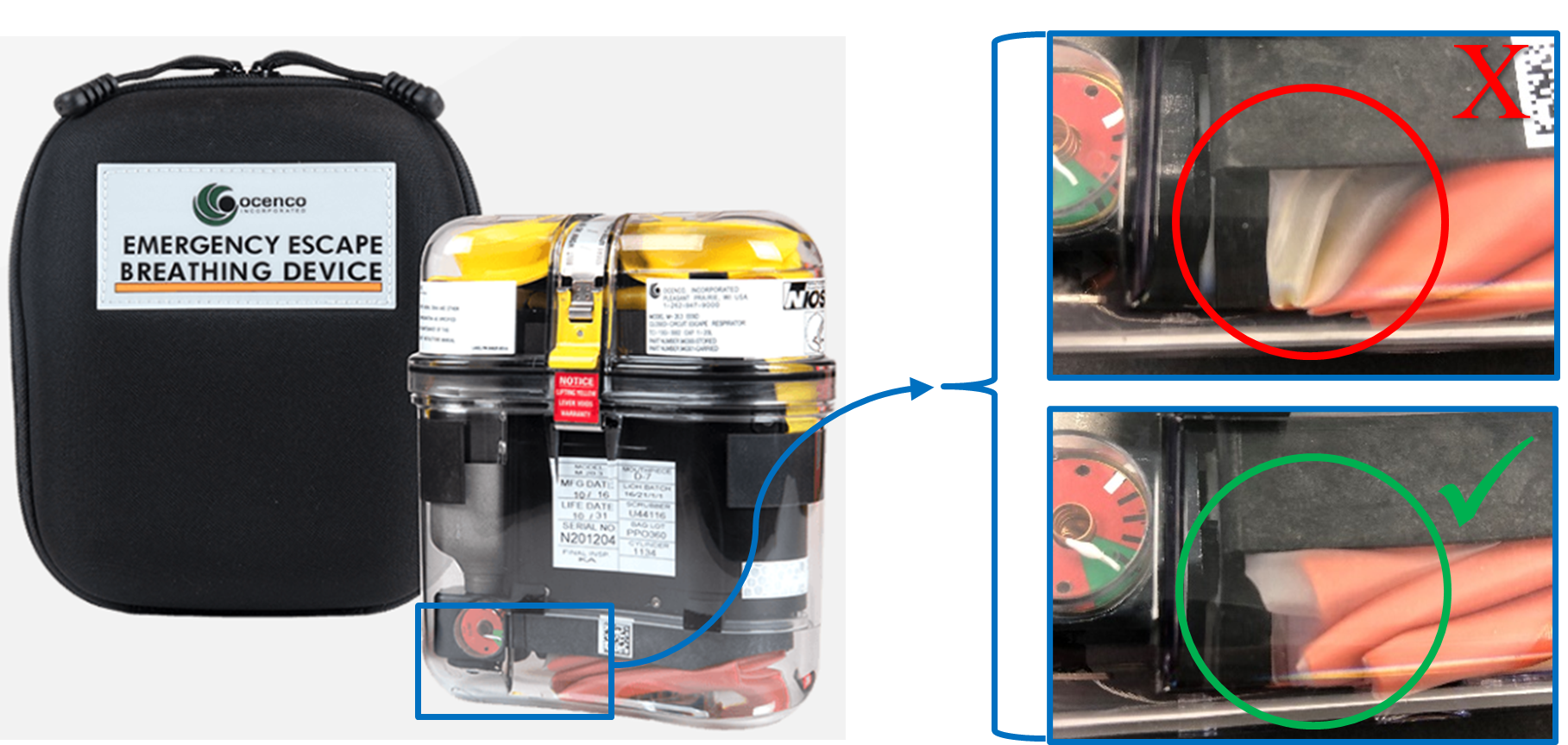 Ocenco M-20.3 units must be worn in the approved black case and visually inspected at the beginning of each work shift.