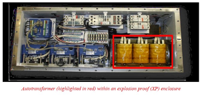 Autotransformer (highlighted in red) within an explosion proof (XP) enclosure