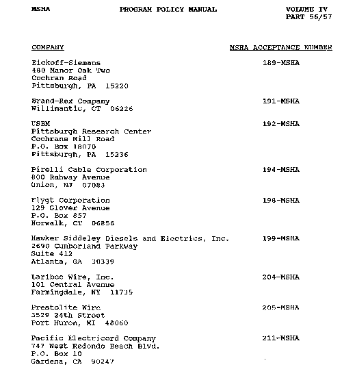 Cables master revised Nov. 1987 manufacture of cables with MSHA acceptance number