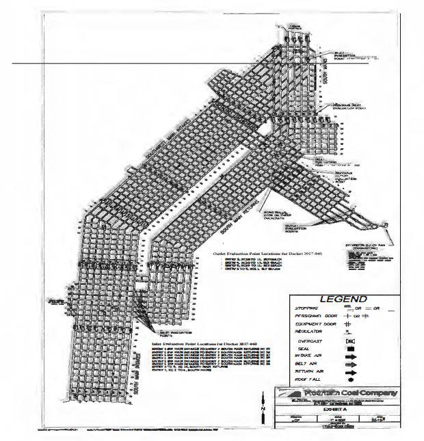 A diagram and/ or enlarged map showing the normal direction of the airflow and location of inlet and outlet evaluation point locations shall be posted at the monitoring stations. The diagram shall be maintained in legible condition and any change in airflow direction shall be reported to the mine foreman for immediate investigation and corrective action.