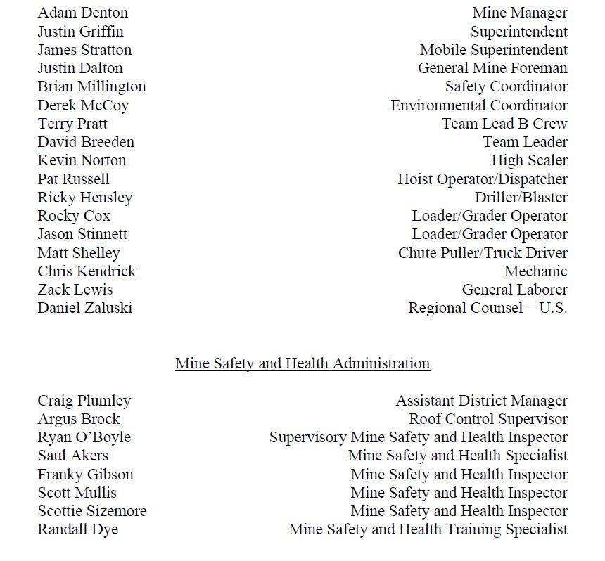 Appendix A for Final Report on July 13, 2021 Adam Denton Justin Griffin James Stratton Justin Dalton Brian Millington Derek McCoy Terry Pratt David Breeden Kevin Norton Pat Russell Ricky Hensley Rocky Cox Jason Stinnett Matt Shelley Chris Kendrick Zack Lewis Daniel Zaluski  Craig Plumley Argus Brock Ryan O’Boyle Saul Akers Franky Gibson Scott Mullis Scottie Sizemore Randall Dye / Mine Manager Superintendent  Mobile Superintendent General Mine Foreman Safety Coordinator Environmental Coordinator Team Lead B Crew Team Leader  High Scaler  Hoist Operator/Dispatcher Driller/Blaster  Loader/Grader Operator Loader/Grader Operator Chute Puller/Truck Driver Mechanic  General Laborer Regional Counsel – U.S. /Assistant District Manager  Roof Control Supervisor  Supervisory Mine Safety and Health Inspector Mine Safety and Health Specialist  Mine Safety and Health Inspector  Mine Safety and Health Inspector  Mine Safety and Health Inspector  Mine Safety and Health Training Specialist