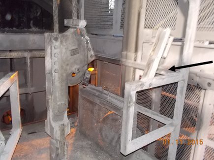 A skip inside a mine ventilation shaft. Photo labels the beam which caused the fatal accident.