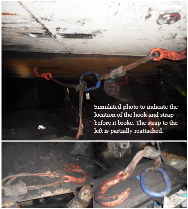 Accident scene where a 34 year-old miner with 14 years of mining experience was injured when the hook and strap assembly broke while attached to two longwall shields.