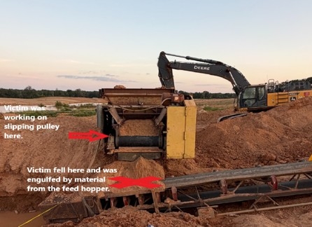 Accident scene where a miner was performing maintenance on a slipping head pulley of a hopper.