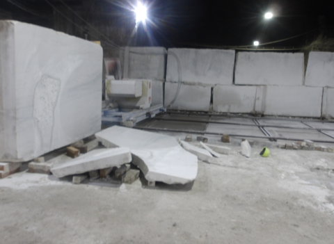 Accident scene where a miner was seriously injured when an unsecured slab of marble struck him.