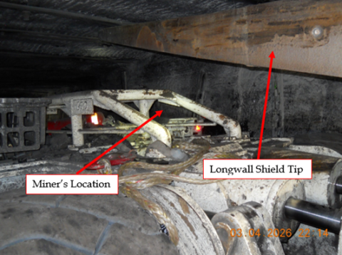 Accident scene where a miner died after a scoop backed into another scoop that was transporting a longwall shield.