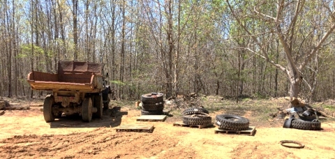 Accident scene where a miner died while mounting off road truck tires on rims.