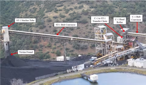 Accident scene where a miner died while clearing spillage around a belt conveyor head roller. 