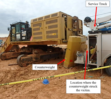 Accidsent scene where a contract mechanic died while removing the counterweight of an excavator, when it fell and struck him.