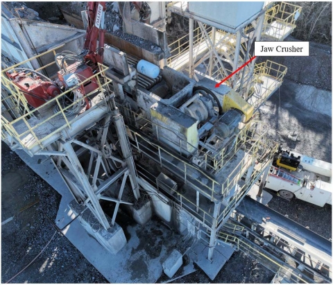 Accident scene where a miner was fatally injured while performing maintenance inside a jaw crusher.