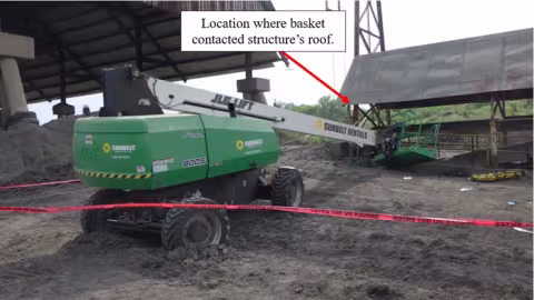 Accident scene where a miner died when he was pinned between the personnel lift that he was operating and the roof of a structure.