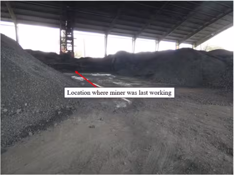 Accident scene where a miner died when he was engulfed in a coal stockpile.