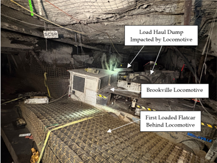 Accident scene where a miner died when the scoop he was operating was struck by the lead locomotive of a supply trip.