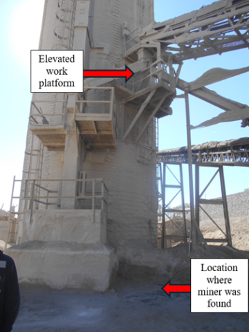 Accident scene where a miner was performing work from an elevated platform when they fell approximately 30 feet. 