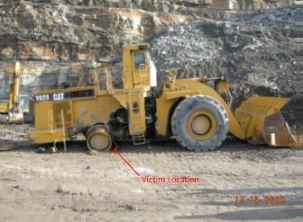 Accident scene where a miner was fatally injured while changing the rear tire on a front-end loader.