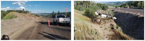 scene vihicle struck a runaway truck ramp’s berm causing it to overturn