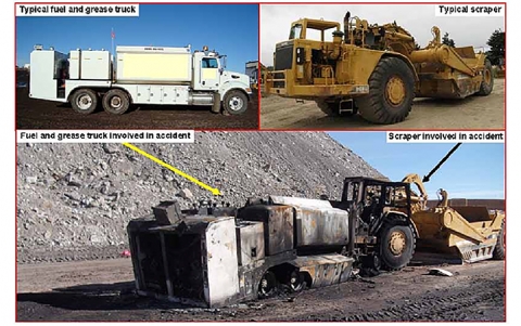 Accident scene a 55 year old miner with 30 years of mining experience was killed when the fuel and grease service truck he was operating collided head on with a scraper.