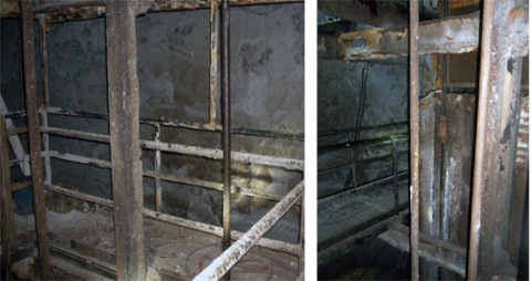 A metal walkway in an underground salt mine