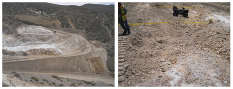 two photos. One showing a wide view of the accident scene. The other shows a close up of the hill where the victim's vehicle landed.