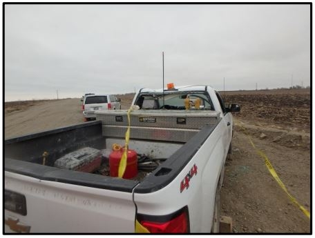 Accident scene where a 42-year old lead man with 6 years of mining experience was fatally injured at a surface limestone mine when he was struck by fly rock from blasting operations.