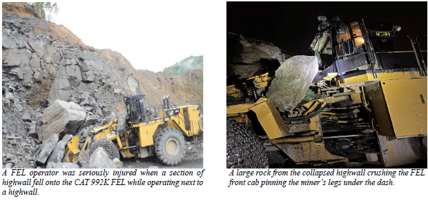 A roughly 50-ft. section of highwall fell onto the FEL crushing the cab and pinning the miner’s legs under the dashboard. 
