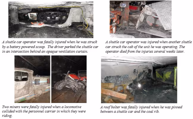 Accident scenes where six miners have died and 61 have suffered lost time injuries from being struck by mobile equipment in underground production areas.