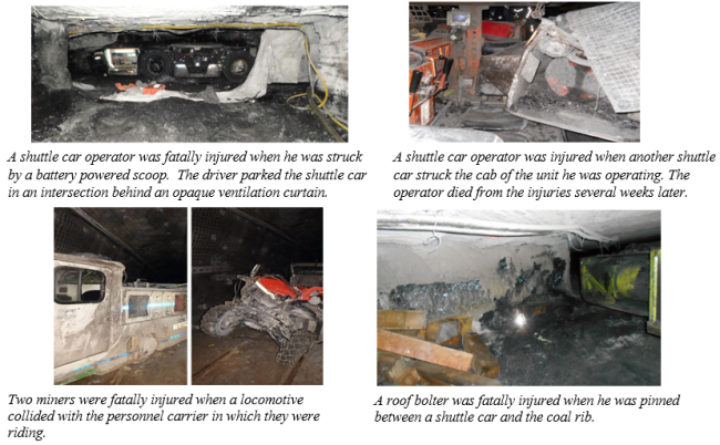 Accident scenes where six miners have died and 61 have suffered lost time injuries from being struck by mobile equipment in underground production areas.