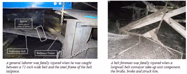 Accident scene where two miners have died, and six miners have suffered lost time injuries from the sudden release of stored energy while working near belt conveyor systems.