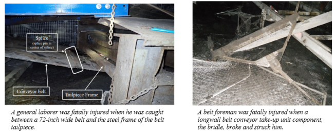 Accident scene where two miners have died, and six miners have suffered lost time injuries from the sudden release of stored energy while working near belt conveyor systems.
