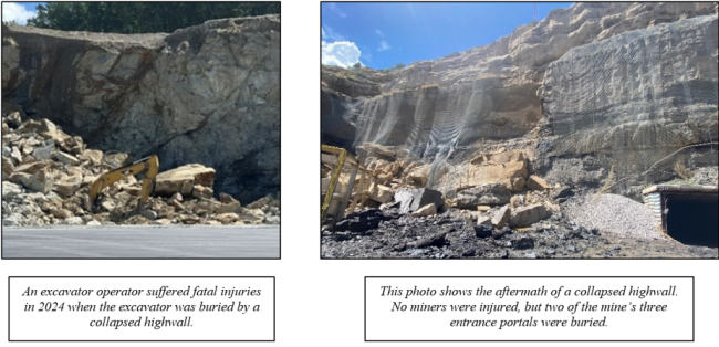 An excavator buried by a collapsed highwall. And, aftermath of a collapsed highwall. 