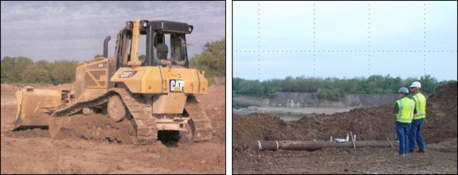 Bull dozer on left, two workers on the right