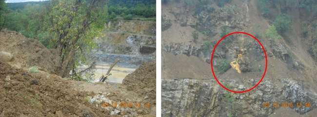 back hoe halfway down hillside after slide