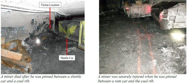 Four accidents involving underground mobile equipment occurred from 9/26/2023 to 10/16/2023.  One fatality and three serious injuries resulted when miners were pinned between underground mobile equipment and the coal rib.